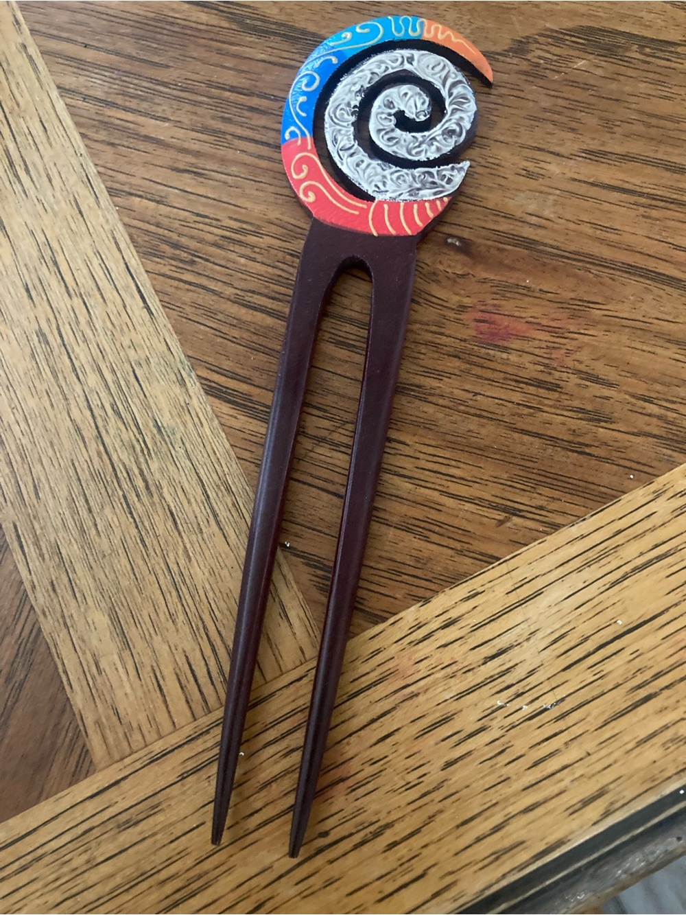 Handmade Multicolor Spiral Hair Fork - Brown Wood Hair Accessory